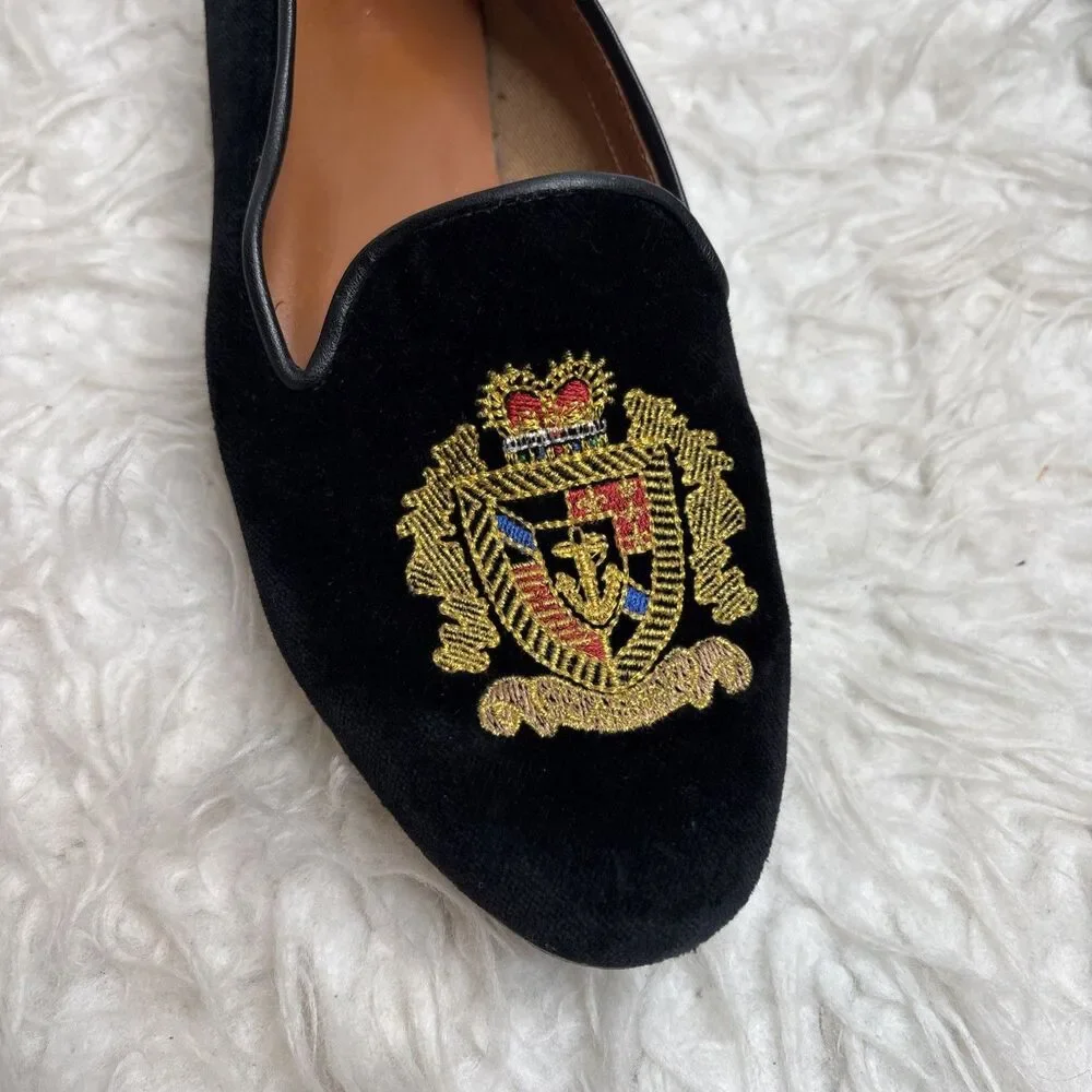 Jon Josef Black Velvet Gatsby Shield Emblem Leather Loafers Flats Shoes Size 7.5 - Picture 13 of 16